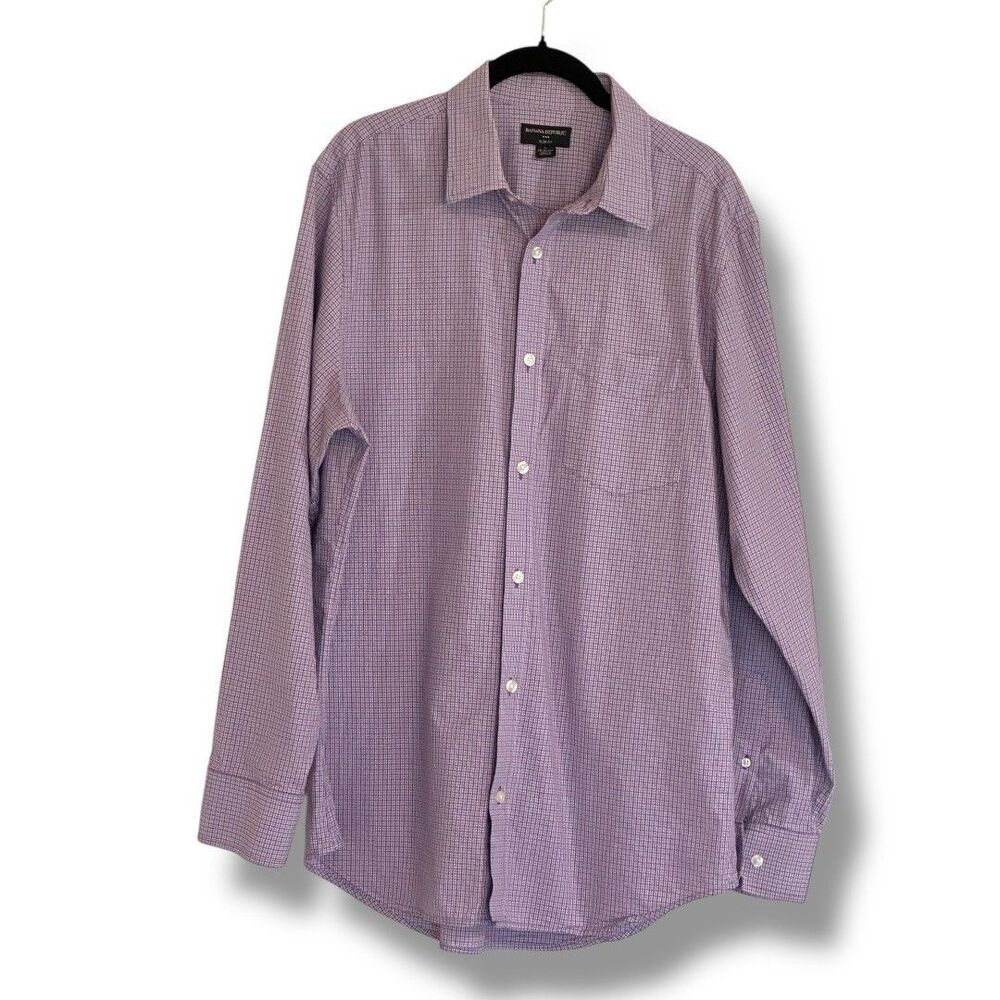 Banana Republic Slim Fit Button Up Shirt Purple Large Check Men's 16 16 1/2